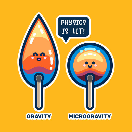 Digital drawing of two matches, one with a pointed flame and the word gravity, the other with a circular flame and the word microgravity, a speech bubble says physics is lit!