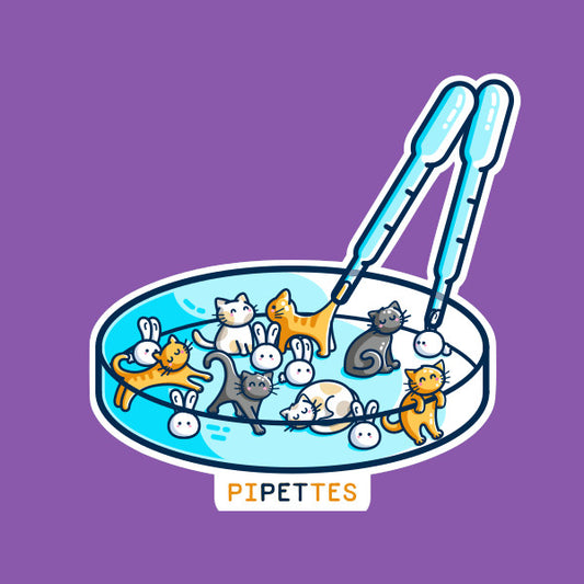 A petri dish containing cute cats and rabbits with two pipettes and the word pipettes beneath, emphasising pet in the word.