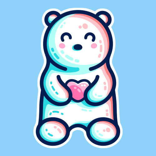 Digital drawing of a cute polar bear with blue and red highlights and holding a pink heart