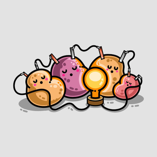 A potato battery of 4 potatoes asleep around a light bulb they are powering