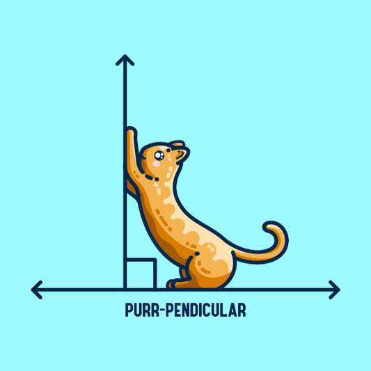 Perpendicular lines with a cute ginger cat on the horizontal line using the vertical line as a scratching post, with the pun wording purr-pendicular written beneath