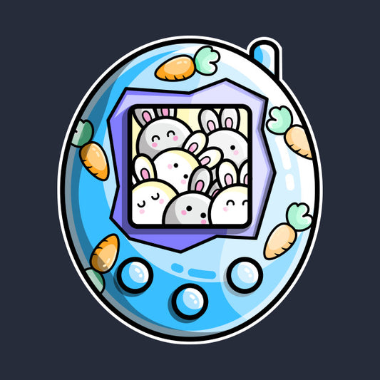 Blue tamagotchi style digital pet with a group of rabbits on the screen and carrots decoration