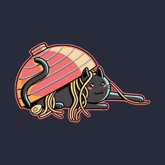 Upturned bowl of ramen noodles on cat