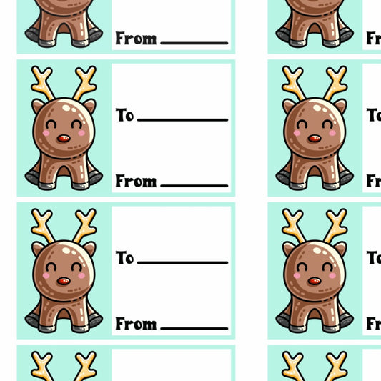 Picture of a grid of printable gift tags of a kawaii cute red nosed reindeer sitting next to two lines for to and from