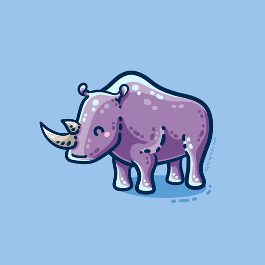 A kawaii cute purple rhino facing to the left on a blue background