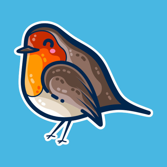 Digital drawing of a robin bird facing to the left with a red breast in a kawaii cute style against a turquoise background