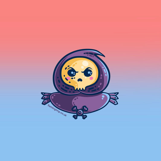 A kawaii cute style drawing of a bust of Skeletor, in yellow and purple.