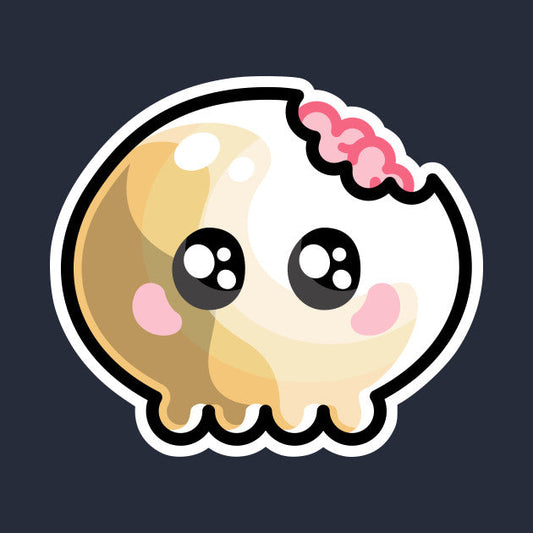 Kawaii cute skull with brains showing through a bite