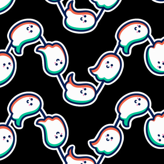 Wavy lines of cute ghosts flying from left to right