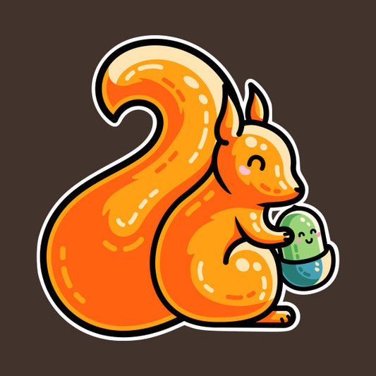 Cute red squirrel carrying a kawaii acorn