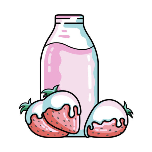 A glass bottle of strawberry milk and three strawberries