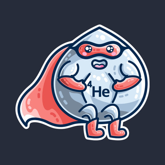A digital drawing of a cute liquid droplet wearing a red superhero costume with 4He on its chest