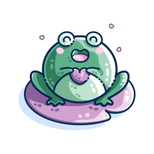 A kawaii cute happy green frog or toad holding a purple heart sitting on a purple lilly pad with some small hearts around it