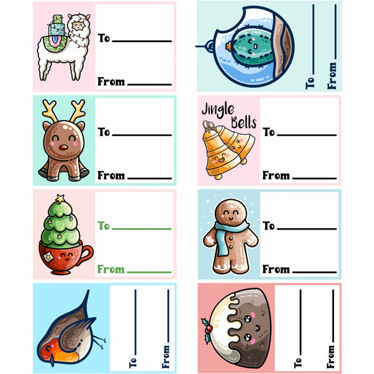 Picture of a grid of printable gift tags of a range of different kawaii cute Christmas gift tags to cut out, each with two lines for to and from