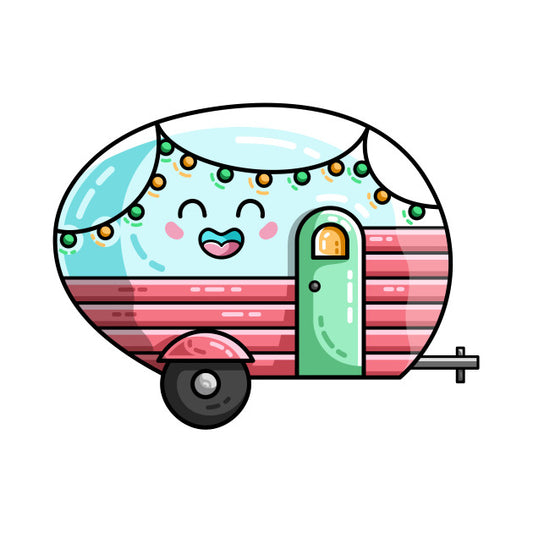Vintage caravan in pastel colours with a garland of lights