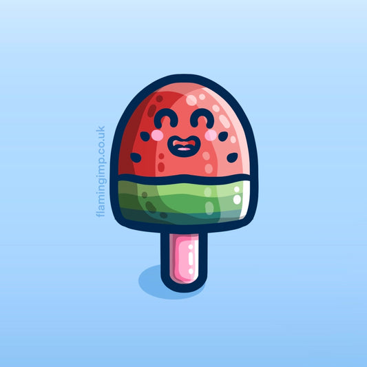 Digital drawing of a kawaii cute ice lolly with watermelon colours