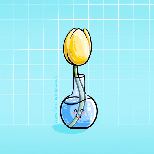 A single yellow tulip in a kawaii cute glass vase with a grid pattern on a turquoise background