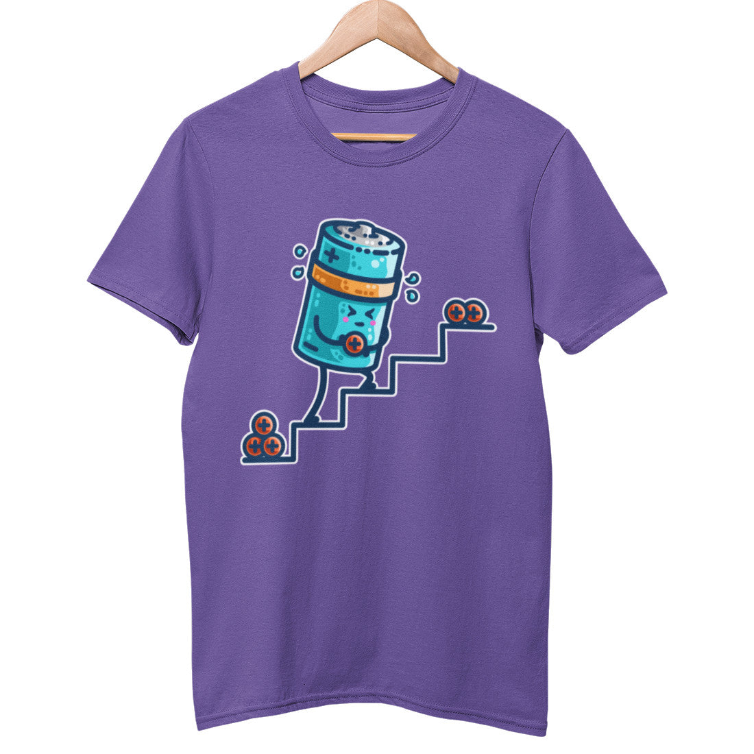 A purple unisex crewneck t-shirt on a hanger with a design on its chest of a kawaii cute blue cylindrical battery wearing an orange sweatband, with a facial expression of effort, moving positive charge up steps.