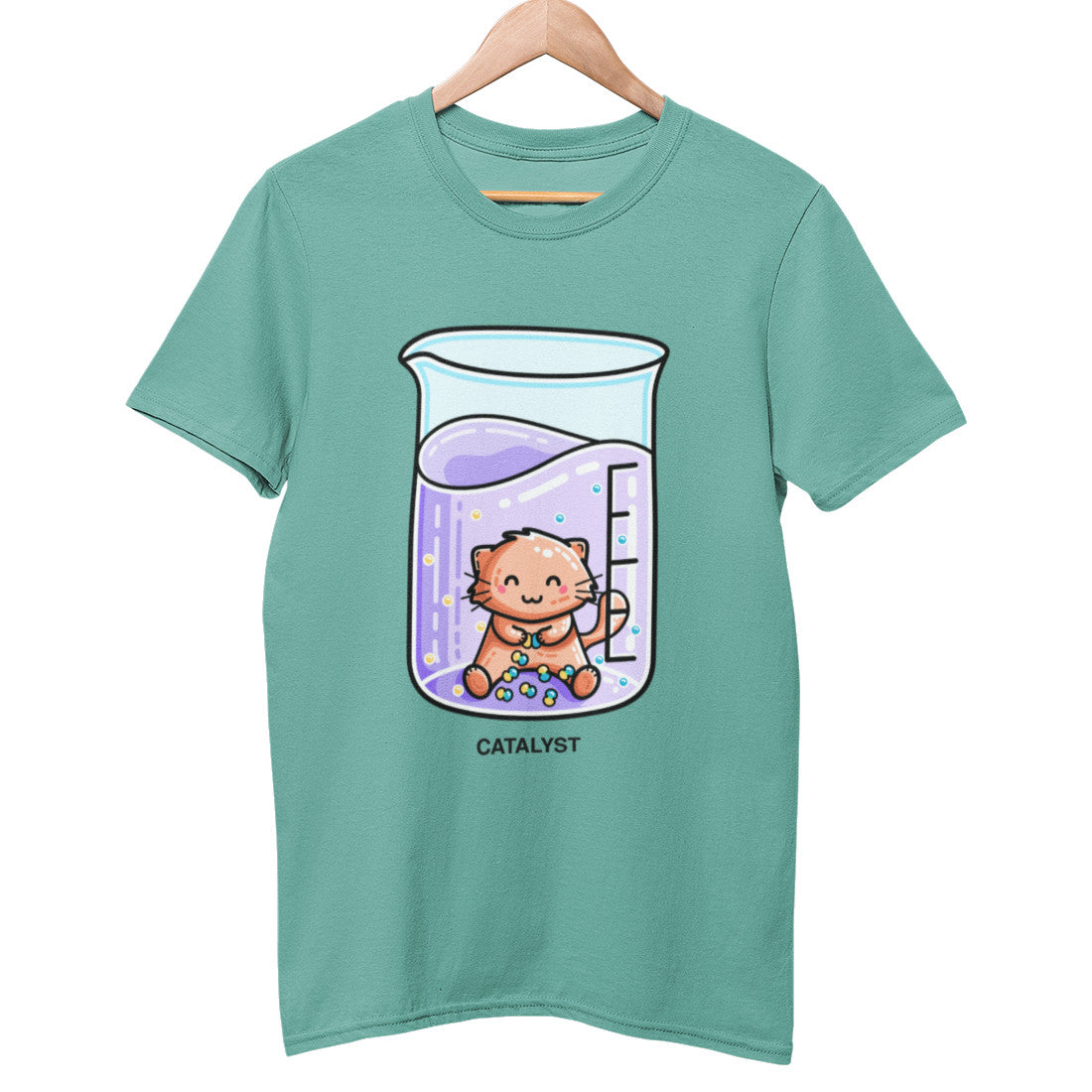 A green bay coloured unisex crewneck t-shirt on a hanger with a design on its chest of a cute ginger cat sitting in a chemistry beaker of purple liquid joining atoms or yellow and green together
