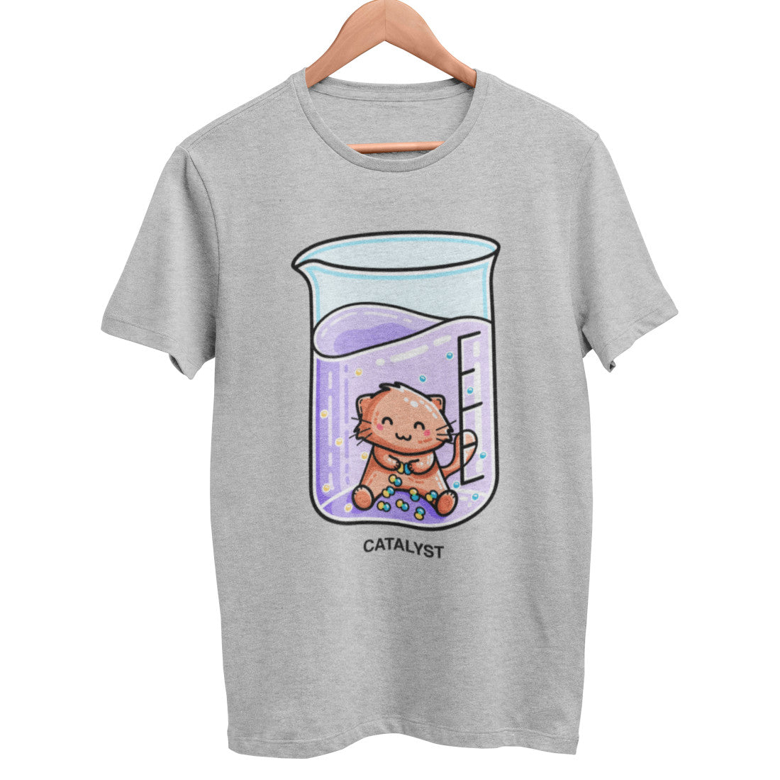 A heather grey unisex crewneck t-shirt on a hanger with a design on its chest of a cute ginger cat sitting in a chemistry beaker of purple liquid joining atoms or yellow and green together