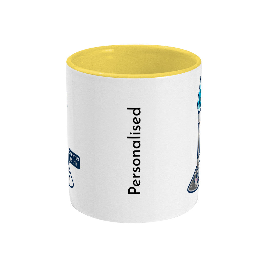 A yellow and white two toned ceramic mug showing a side view with the handle hidden around the other side and just the edges of the front and back design of a cute Bunsen burner and the word personalised vertically between them.