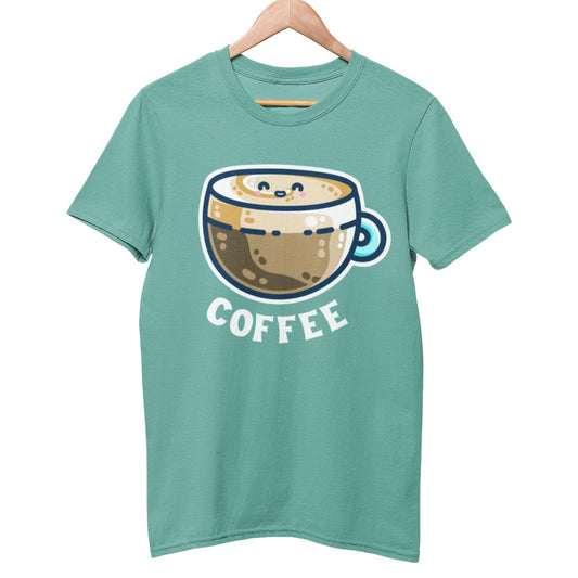 A green bay coloured unisex crewneck t-shirt on a wooden hanger. The design on the chest is of a glass cup filled with a kawaii cute happy lattee coffe, with the word coffee beneath in capital letters