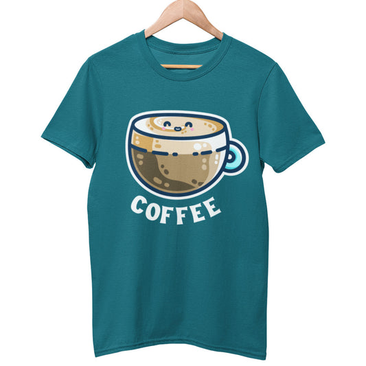 An ocean depth coloured unisex crewneck t-shirt on a wooden hanger. The design on the chest is of a glass cup filled with a kawaii cute happy lattee coffe, with the word coffee beneath in capital letters