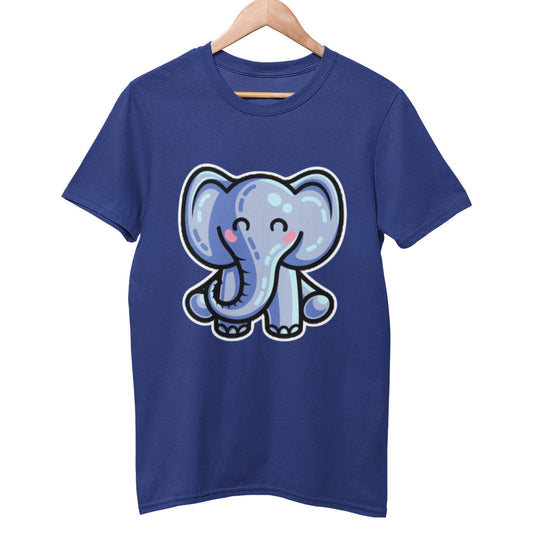 A blue unisex crewneck t-shirt on a hanger with a design on its chest of a kawaii cute blue elephant in a sitting position facing forwards