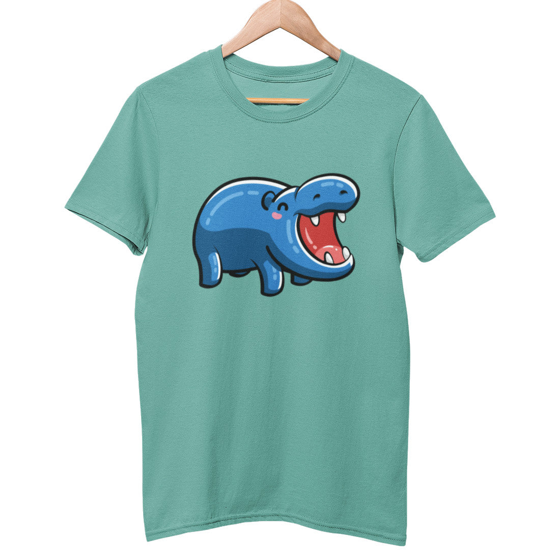 A green colour unisex crewneck t-shirt on a hanger with a design on its chest of a kawaii cute blue hippo with its mouth gaping open wide in a huge grin and facing at an angle outwards and to the right