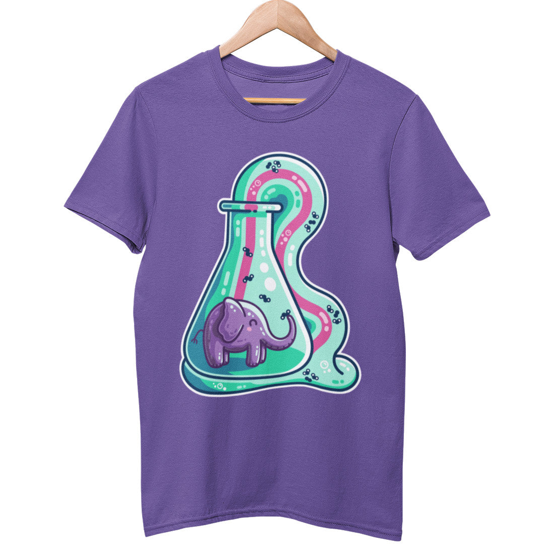 A purple coloured t-shirt, which is a purple-ish colour, on a wooden hanger, with a large print of the elephant toothpaste design on the front chest area.