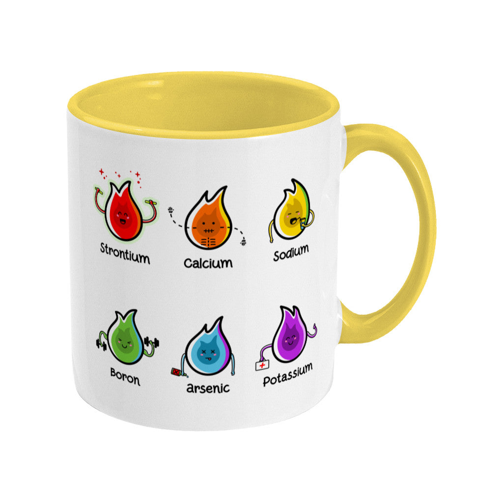 A two toned white and yellow ceramic mug, handle on right, with a design of 6 different coloured flames of different elements and their characteristics with the name of the element beneath each flame.