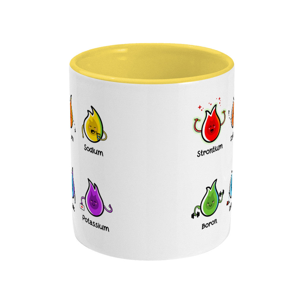 A two toned white and yellow ceramic mug, wide view, handle behind, with the edges of the front and back designs showing and the word personalised printed vertically between them.