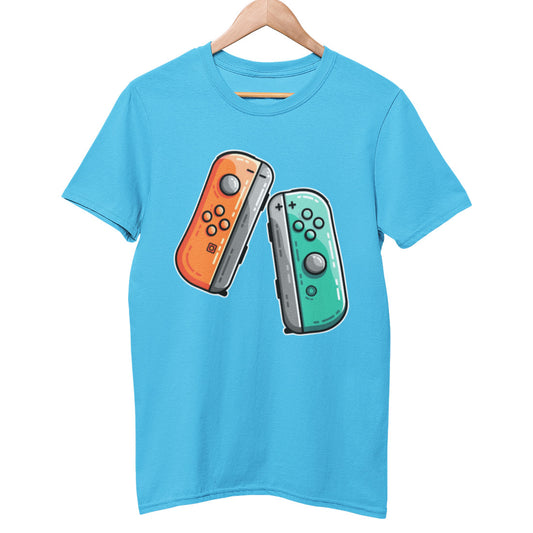 An aqua blue colour unisex crewneck t-shirt on a hanger with a design on its chest of two gaming controllers, an orange one on the left and a green one on the right
