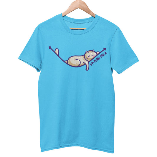 An aqua blue unisex crewneck t-shirt on a hanger with a design on its chest of a brown cat lying asleep on a hyperbola arc with a front leg dangling and the wording 'HY-PURR-BOLA' beneath.
