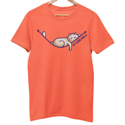 A fiesta orange unisex crewneck t-shirt on a hanger with a design on its chest of a brown cat lying asleep on a hyperbola arc with a front leg dangling and the wording 'HY-PURR-BOLA' beneath.