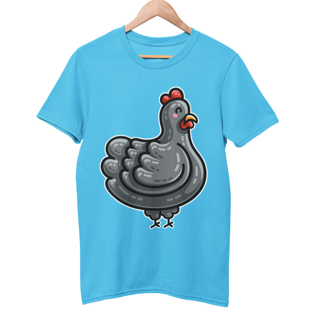An aqua blue coloured unisex crewneck t-shirt on a hanger with a design of a kawaii cute black chicken facing to the right