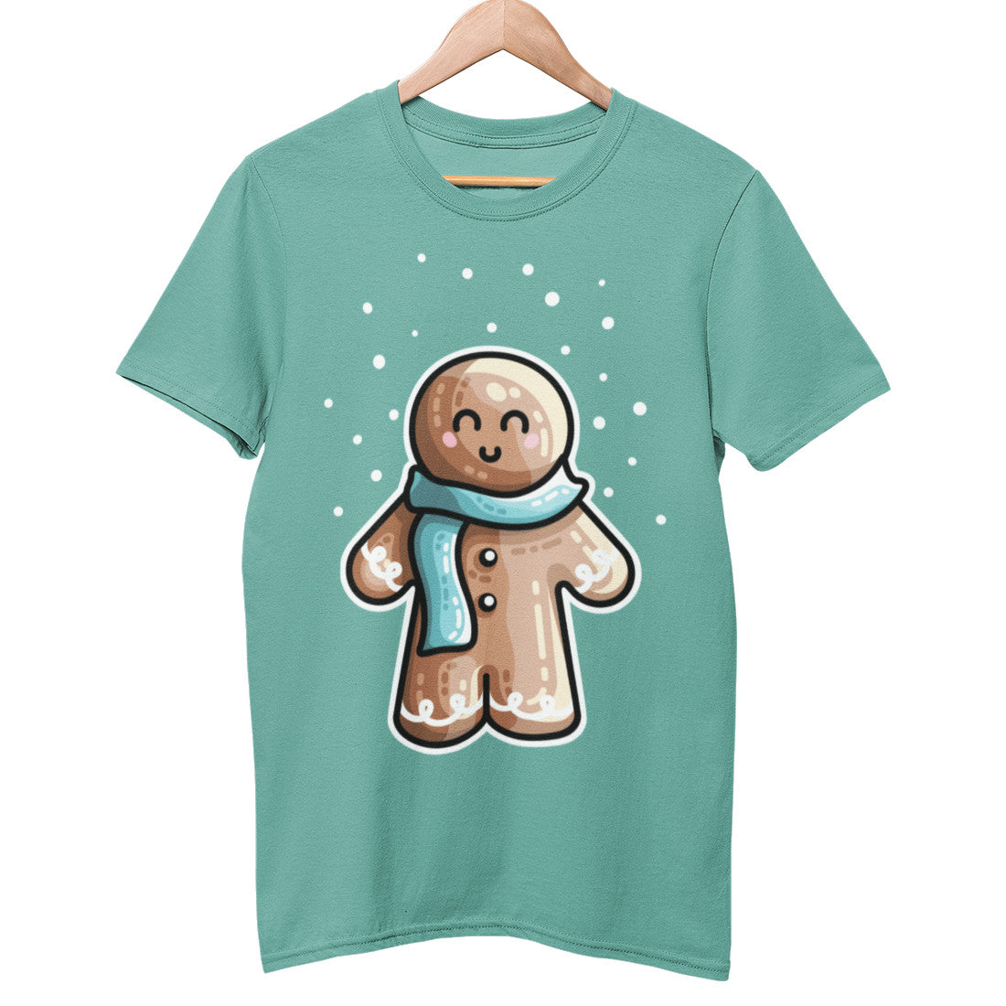 A green bay coloured unisex crewneck t-shirt on a hanger with a design of a kawaii cute gingerbread person standing in the snow and wearing a blue scarf