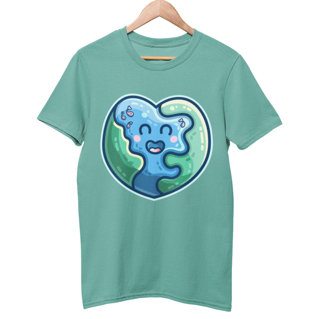 A green bay coloured unisex crewneck t-shirt on a hanger with a design on its chest of a kawaii cute blue and green heart shaped Earth like planet, with a few fish in the oceans