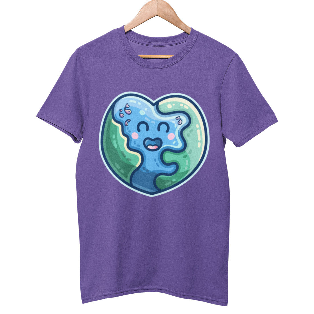 A purple unisex crewneck t-shirt on a hanger with a design on its chest of a kawaii cute blue and green heart shaped Earth like planet, with a few fish in the oceans