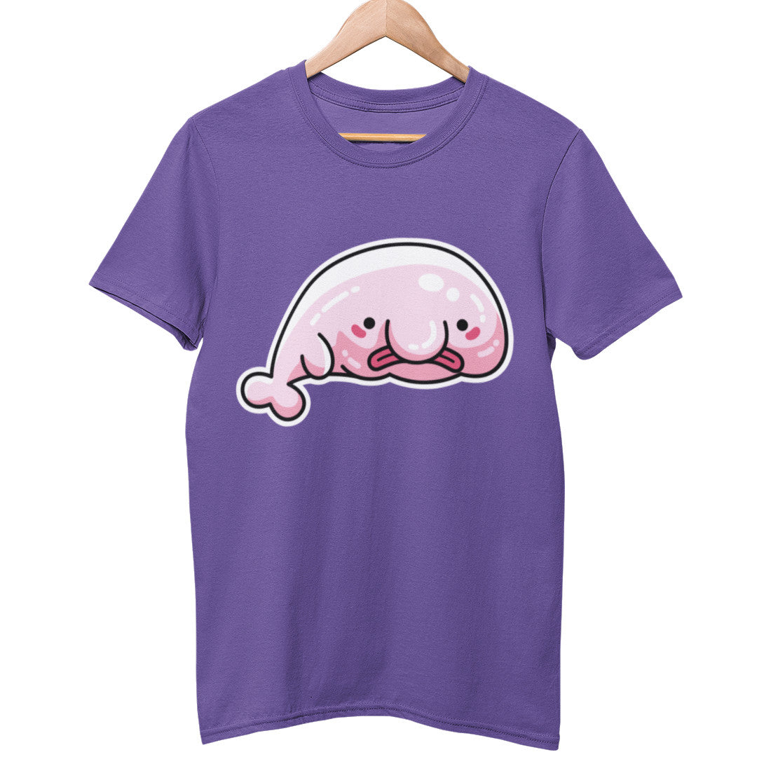 A purple unisex crewneck t-shirt on a wooden hanger with a design on its chest of a kawaii cute pink blobfish facing to the right