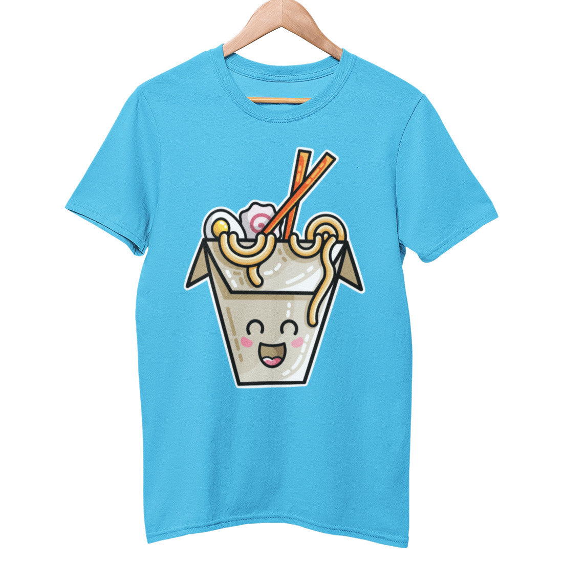 A aqua blue unisex crewneck t-shirt on a wooden hanger with a design on its chest of a kawaii cute takeaway box of ramen noodles with red chopsticks sticking out of the top