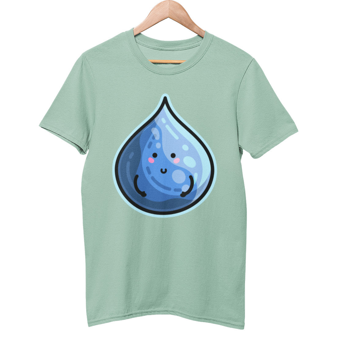 A green unisex crewneck t-shirt on a hanger with a design on its chest of a kawaii cute blue droplet of water