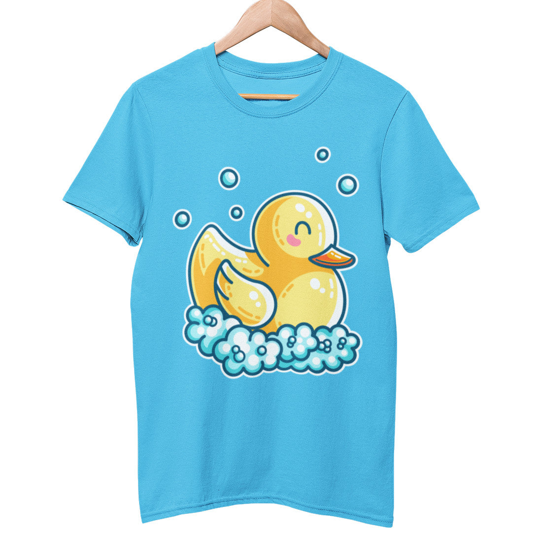 An aqua blue coloured unisex crewneck t-shirt on a hanger with a design on its chest of a kawaii cute yellow rubber duck sitting in a bed of bubbles and with a few bubbles floating around the duck who is seen side on facing to the right