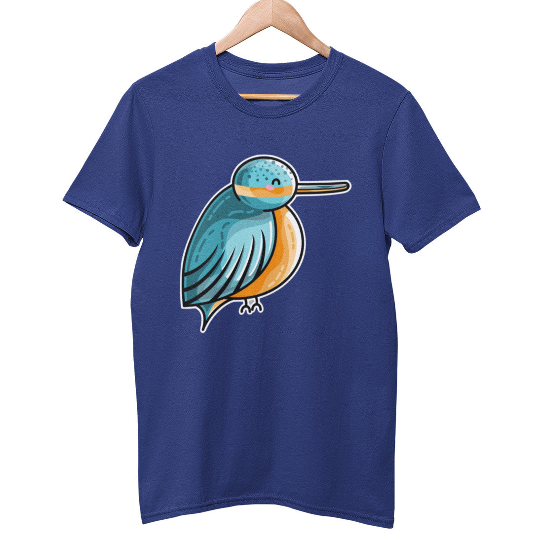 A blue colour unisex crewneck t-shirt on a hanger with a design on its chest of a kawaii cute kingfisher with wings furled seen sideways looking to the right