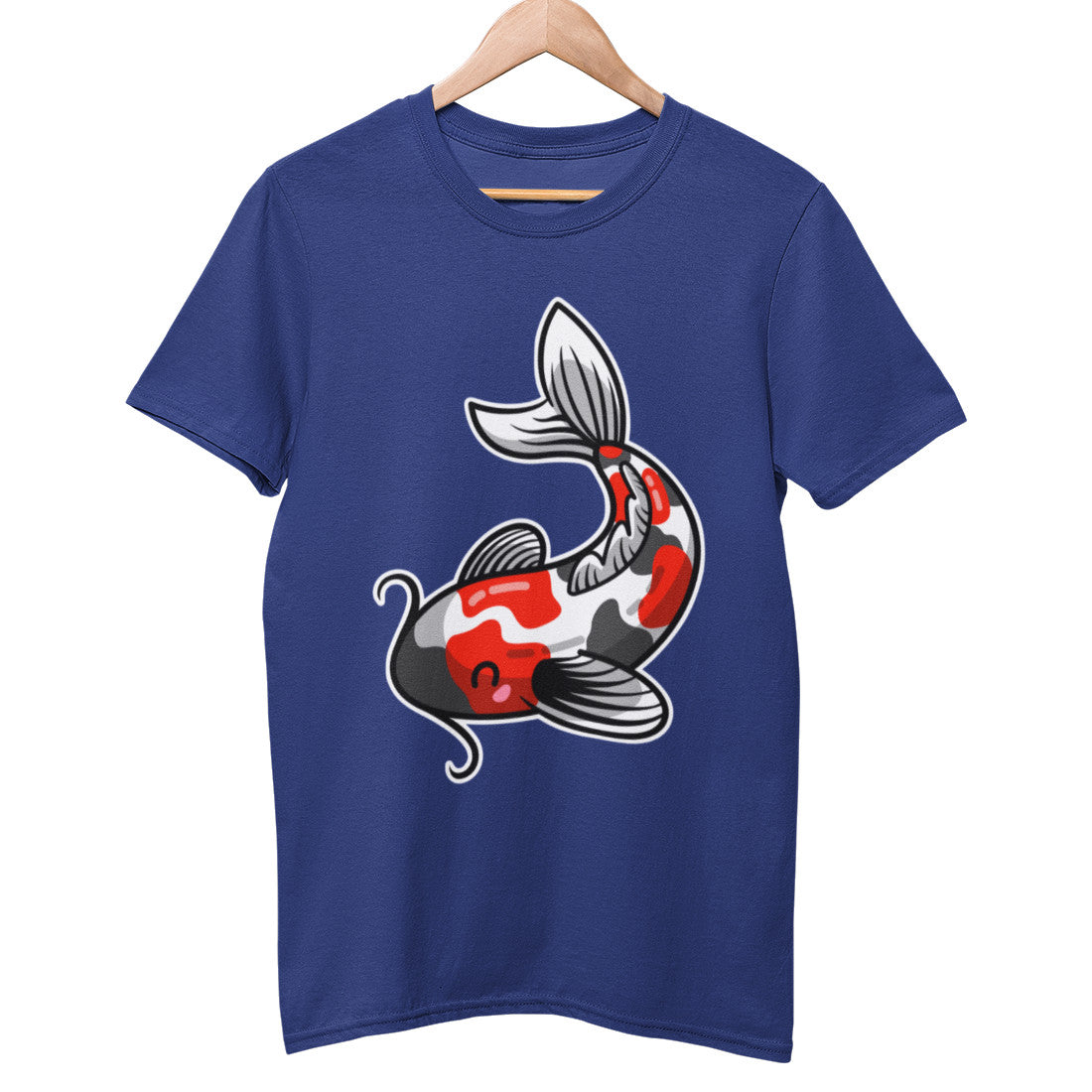 A blue colour unisex crewneck t-shirt on a hanger with a design on its chest of a kawaii cute orange, white and black koi carp fish with its tail at the top and curving round and down to the left to its face looking left