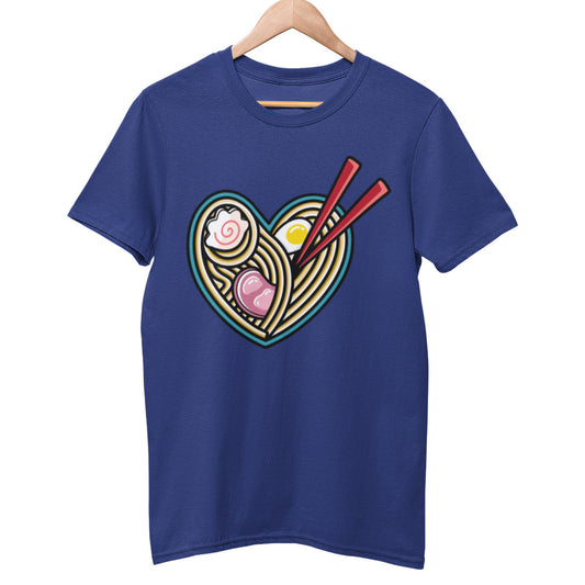 A blue unisex crewneck t-shirt on a wooden hanger with a design on its chest of a heart shaped bowl of ramen noodles and two red chopsticks poking out towards the top right