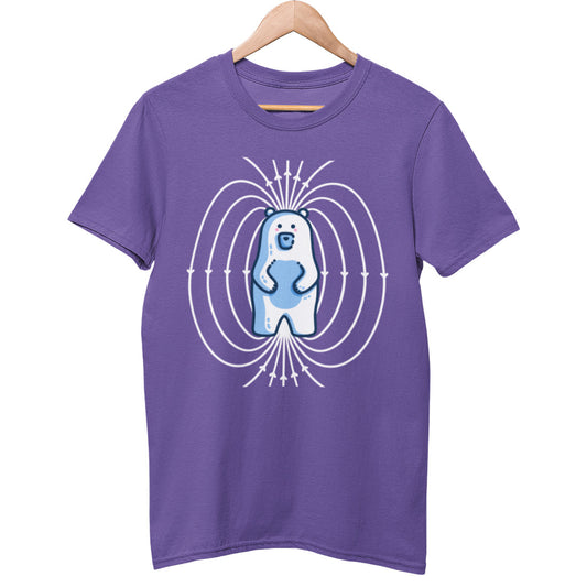A purple unisex t-shirt on a wooden hanger with a design on the chest of a cute polar bear standing upright with white magnetic field lines surrounding it