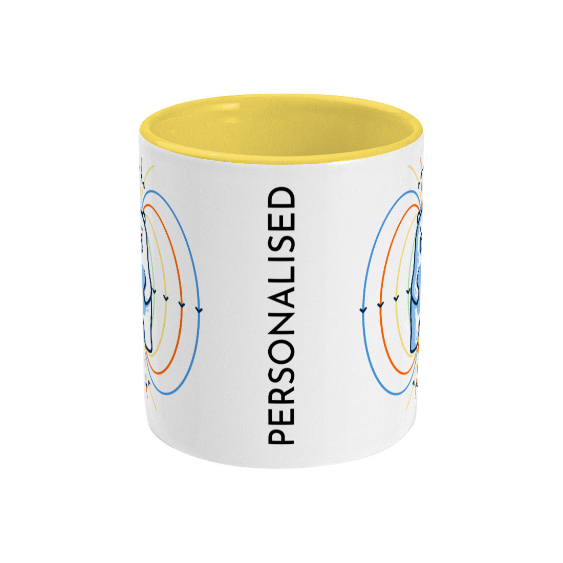 A two toned white and yellow ceramic mug, side view with handle hidden behind, showing the edge of the designs to front and back of the mug and the word personalised vertically between them.
