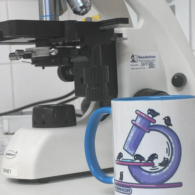 Customer photo showing a view of a surface in a lab with a microscope pun mug in the foreground and a large professional lab microscope behind it.