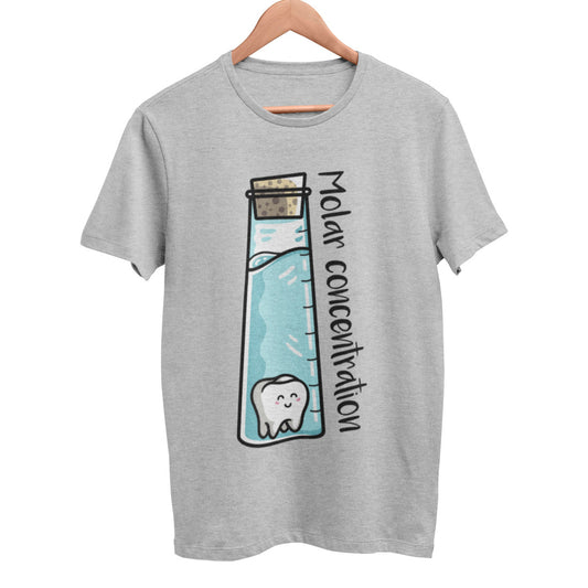 A heather grey unisex crewneck t-shirt on a wooden hanger with a design on its chest of a tall glass vessel of blue liquid with a molar tooth in it and the words molar concentration written along the long side